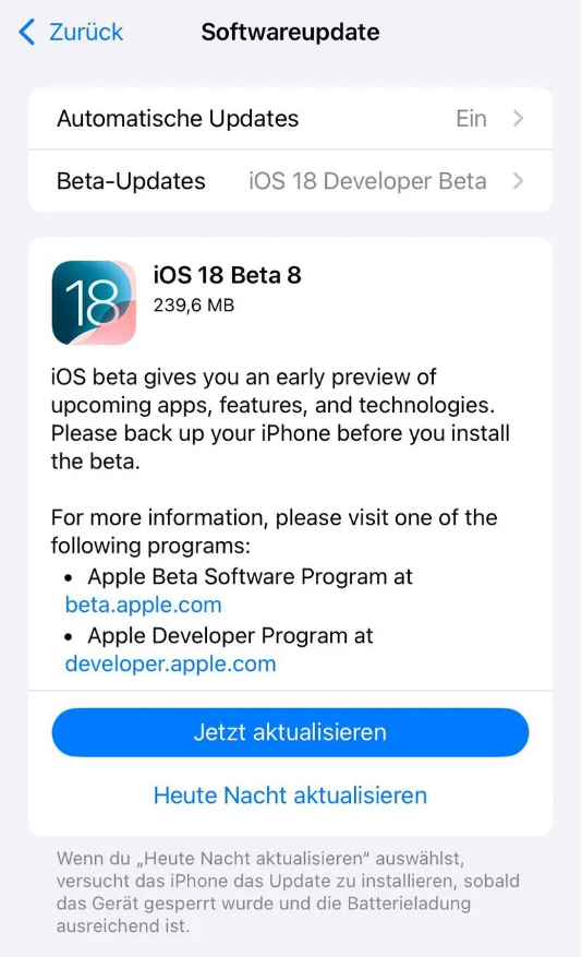 小板镇苹果手机维修分享苹果 iOS / iPadOS 18 开发者预览版 Beta 8 发布 